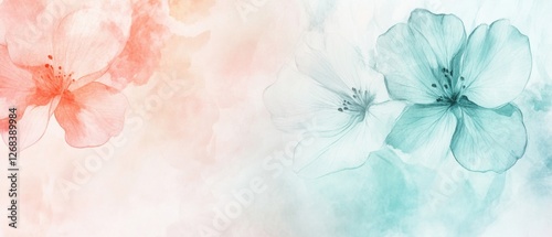 Delicate Watercolor Floral Background Featuring Soft Pink and Blue Blossoms in an Elegant Pastel Design for Banners and Posters photo