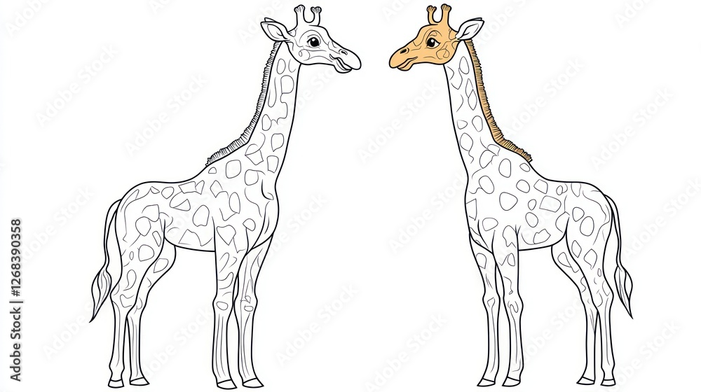 Naklejka premium Two giraffes, coloring page, safari background, children's book illustration