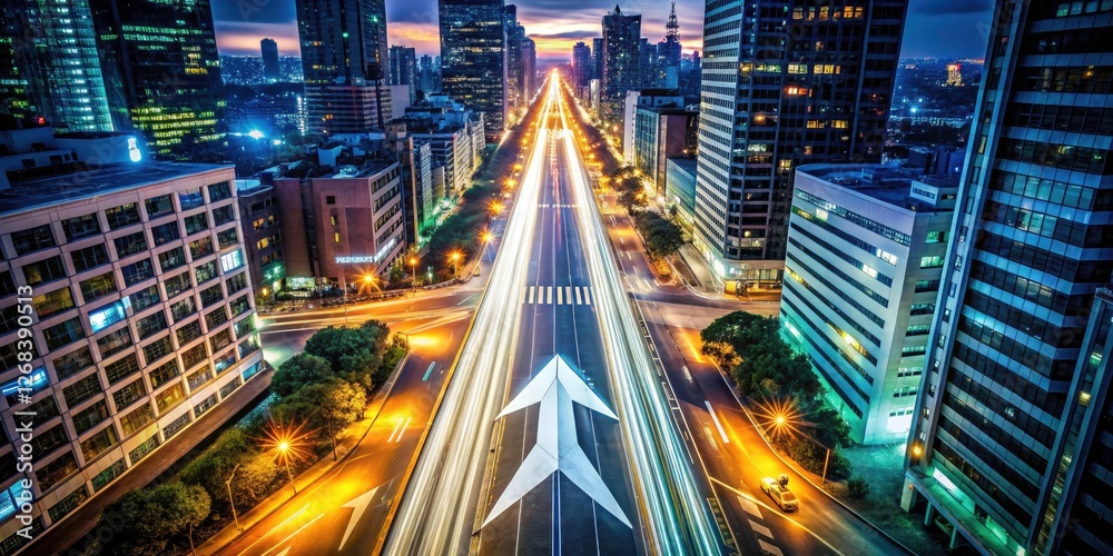 Fototapeta premium Night City's illuminated streets, a giant white arrow sign dominates the urban scene, street photography at its finest.