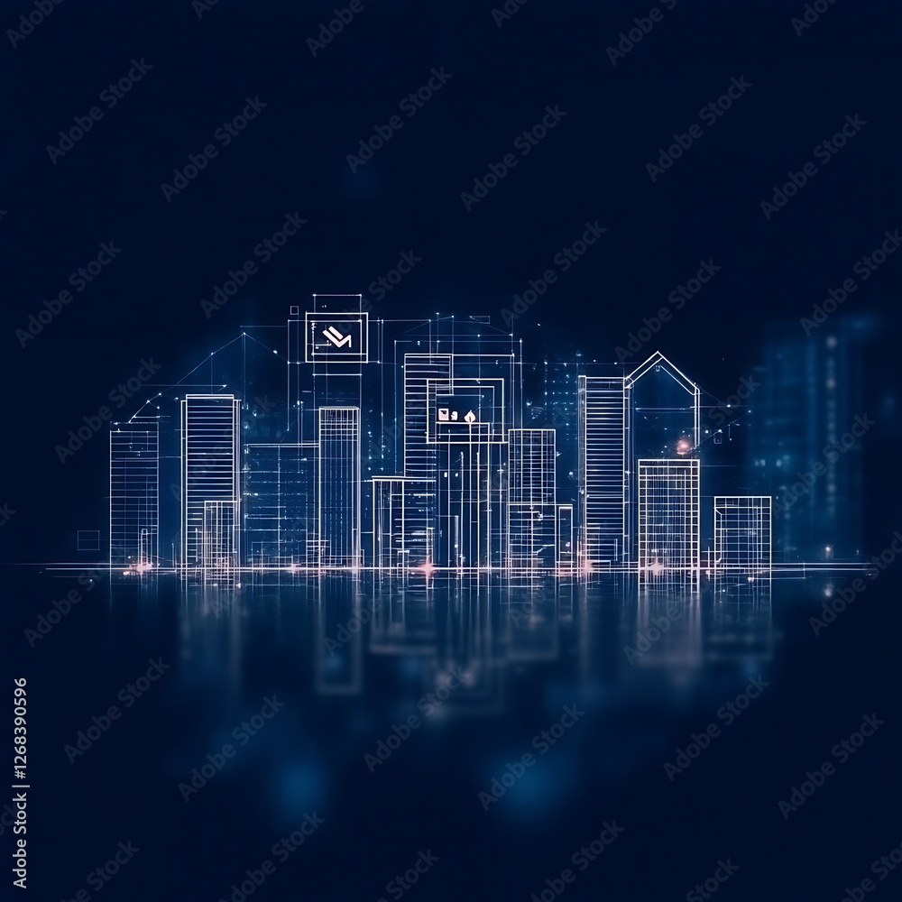 Fototapeta premium Futuristic Digital Blueprint of City Skyline with Glowing Reflections and Abstract Network Design