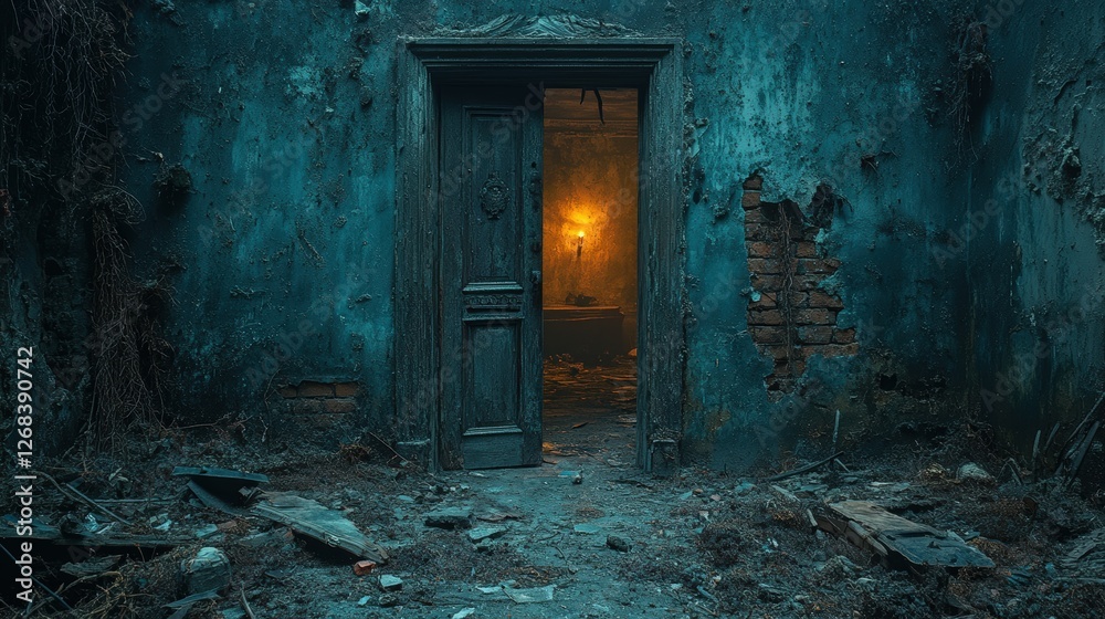 Dimly lit doorway in rundown building with light shining through open door Dimly lit doorway in rundown building with light shining through open door