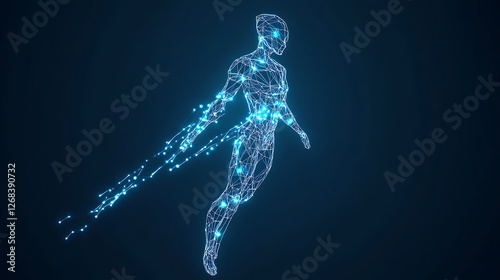 Futuristic Digital Humanoid Polygon Mesh Floating in Cyberspace with Point Cloud Data Stream Effect