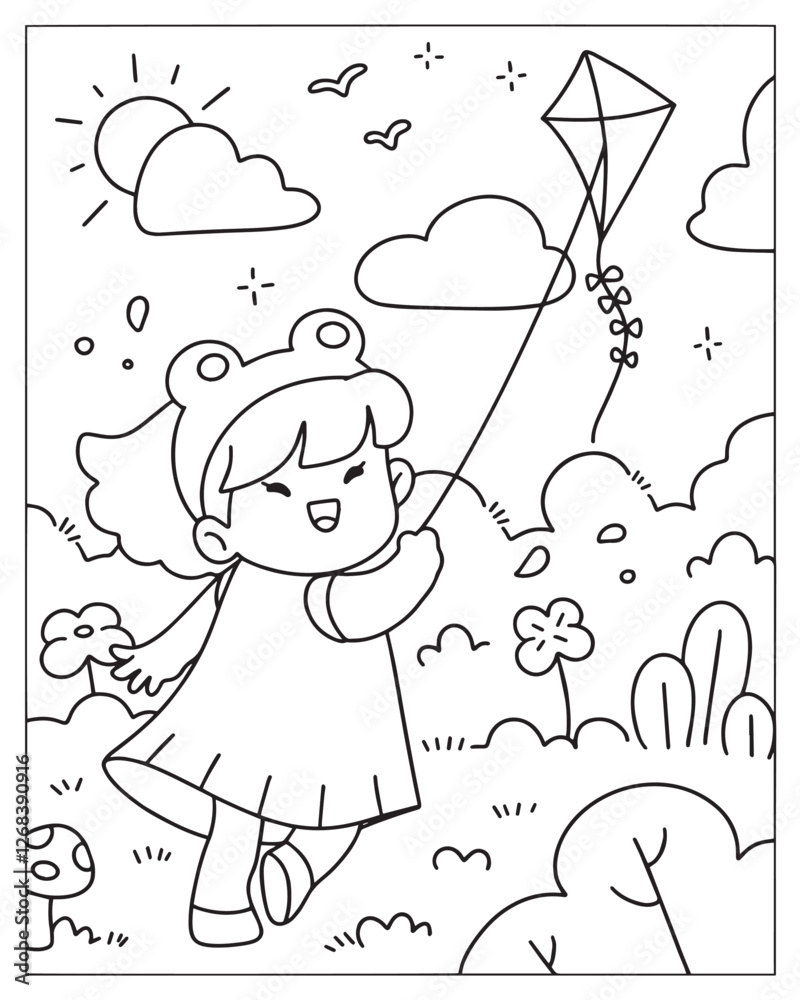 A kawaii-style coloring page featuring a cheerful girl with big expressive eyes flying a kite on a breezy day, surrounded by clouds, grass, and playful elements, drawn in black and white line art.

