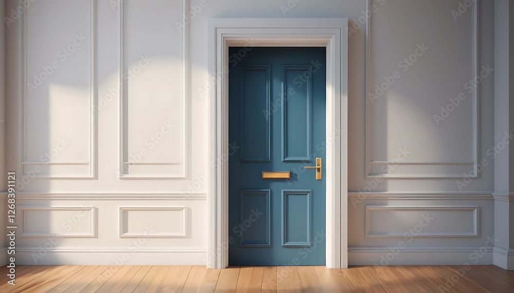 Blue Entry Door in White Paneled Room with Golden Hardware Detail