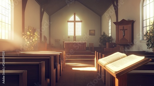 An empty Protestant church with a focus on the altar, featuring a wooden cross, an open Bible, and warm natural light.