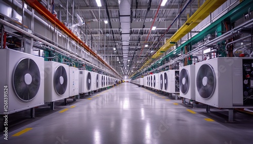 Industrial HVAC Systems: Efficient Cooling Solutions for Large Facilities, Featuring Rows of Modern Air Conditioning Units in a Clean, Well-Lit Interior Space.