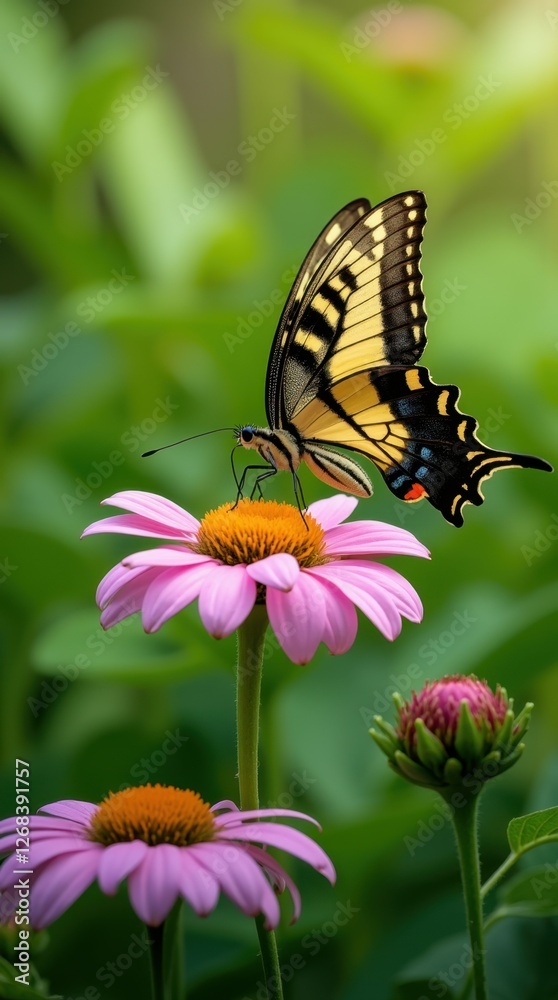 A beautiful butterfly resting on vibrant pink flowers, surrounded by lush greenery, showcasing nature's delicate beauty. A beautiful butterfly resting on vibrant pink flowers, surrounded by lush greenery, showcasing nature's delicate beauty.