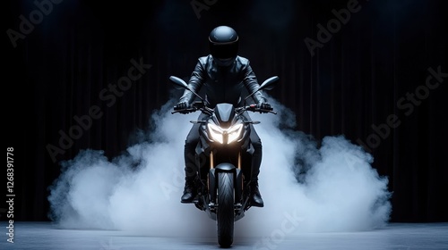 Rider in black helmet on motorcycle surrounded by dramatic smoke