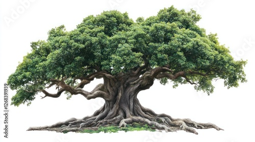 Ancient tree, lush foliage, exposed roots, white background, nature photography