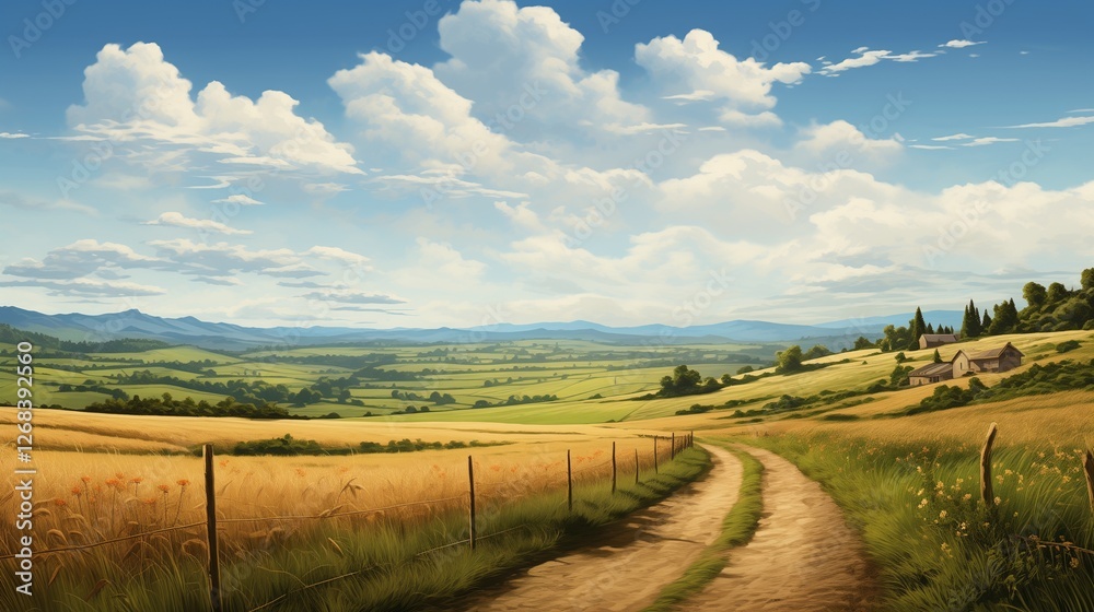 Fototapeta premium A peaceful country road surrounded by tall, golden grass, leading through a patchwork of green and brown fields.