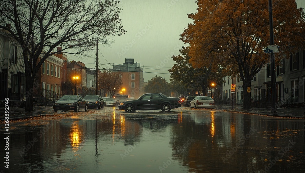 Naklejka premium Rainy City Street Scene: Cars Driving Through Autumn Flooded Road at Dusk with Yellow Streetlights Reflecting
