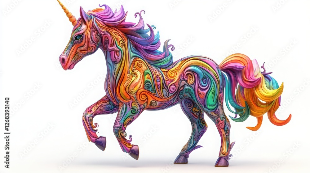 Vibrant and intricately designed fantasy unicorn with rainbow colors Vibrant and intricately designed fantasy unicorn with rainbow colors