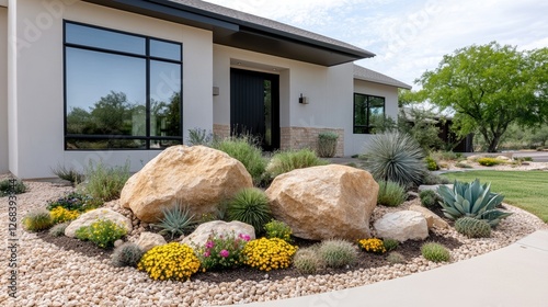 Modern desert landscape design with succulents and boulders in front yard