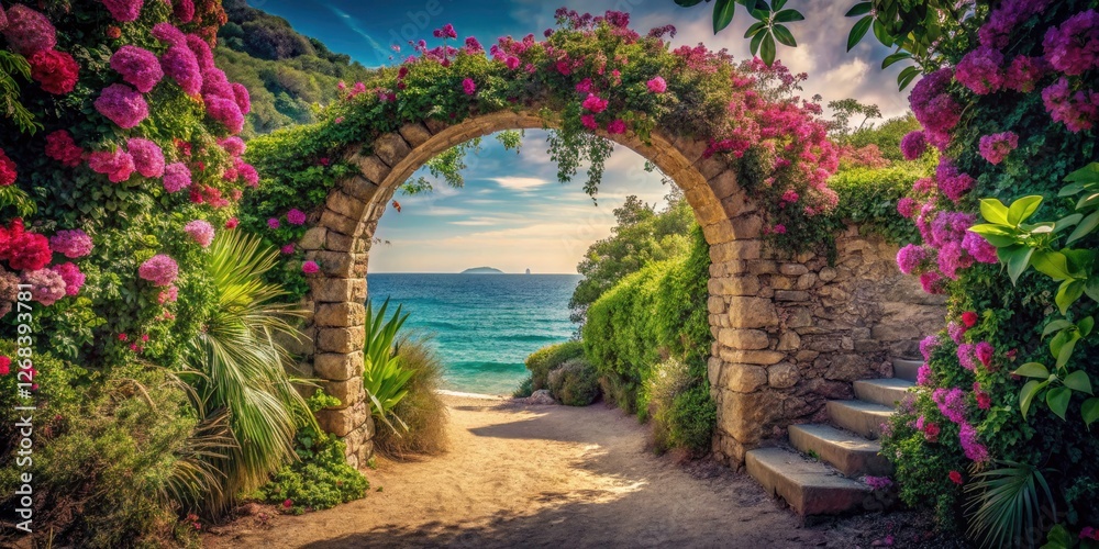 Obraz premium Retro photo reveals a secret beach path: vibrant flowers frame a charming stone walkway to paradise.