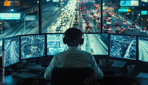 Night Traffic Monitoring: Operator Reviews City Highway Surveillance Footage using Advanced Multi-Screen System Efficiently