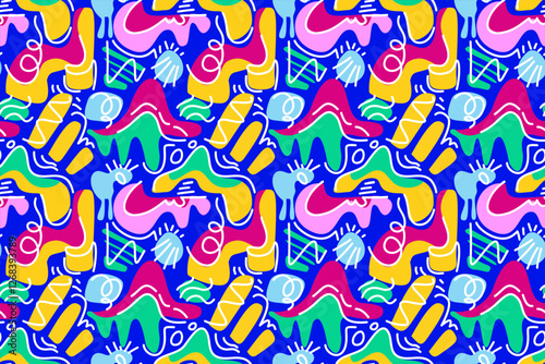 Seamless pattern with playful, abstract shapes and vibrant colors, reminiscent of children's art and imaginative doodles. Perfect for kids' products, textiles