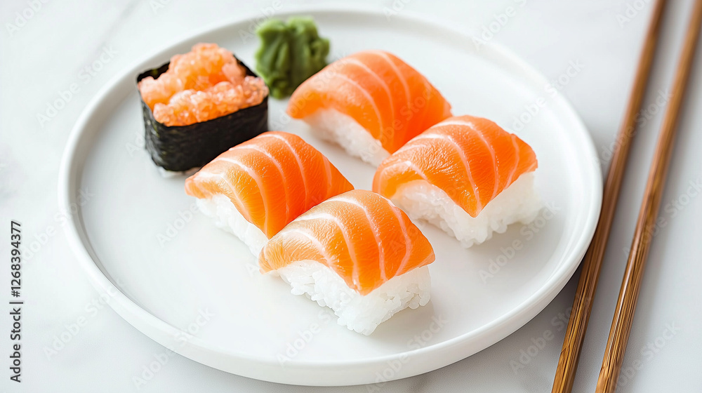 Elegant Salmon Nigiri Sushi with Roe and Wasabi on a White Plate – Minimalist sushi presentation featuring four salmon nigiri and a roe-topped gunkan, accompanied by wasabi on a modern white plate. Elegant Salmon Nigiri Sushi with Roe and Wasabi on a White Plate – Minimalist sushi presentation featuring four salmon nigiri and a roe-topped gunkan, accompanied by wasabi on a modern white plate.