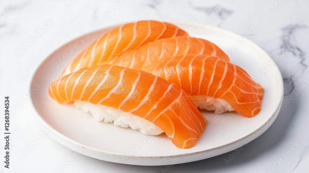 A beautifully arranged set of salmon nigiri sushi with glistening fresh fish on a white plate, showcasing the elegance of Japanese cuisine in a minimalist setting. A beautifully arranged set of salmon nigiri sushi with glistening fresh fish on a white plate, showcasing the elegance of Japanese cuisine in a minimalist setting.