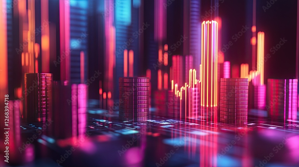 Glowing wealth finance economy concept with 3D futuristic graphs, rising profit, and stacks of currency. Glowing wealth finance economy concept with 3D futuristic graphs, rising profit, and stacks of currency.