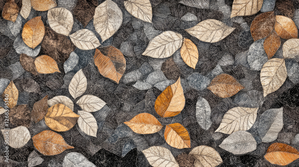 A textured arrangement of leaves in earthy tones on a dark background. A textured arrangement of leaves in earthy tones on a dark background.