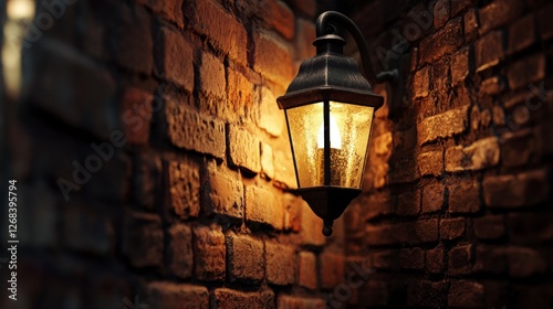 A close-up of an old brick wall with a vintage lantern hanging on it, illuminated by the warm glow from within. The scene is set in an alleyway at night