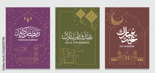 Three posters design with calligraphy means from "Ramadan Kareem" to celebrate the holy month for Moslem