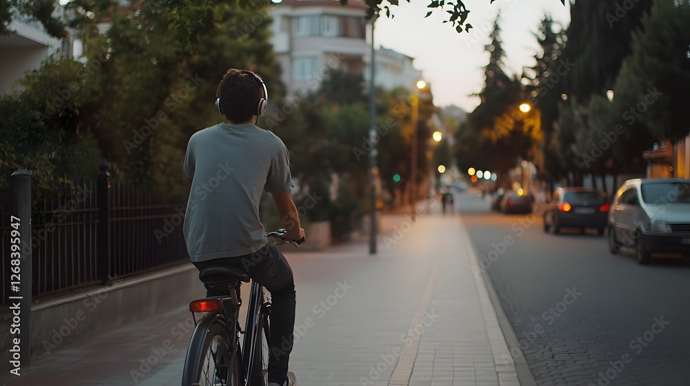 custom made wallpaper toronto digitalA young man riding a bicycle on an empty street in Istanbul, wearing headphones, Generative AI