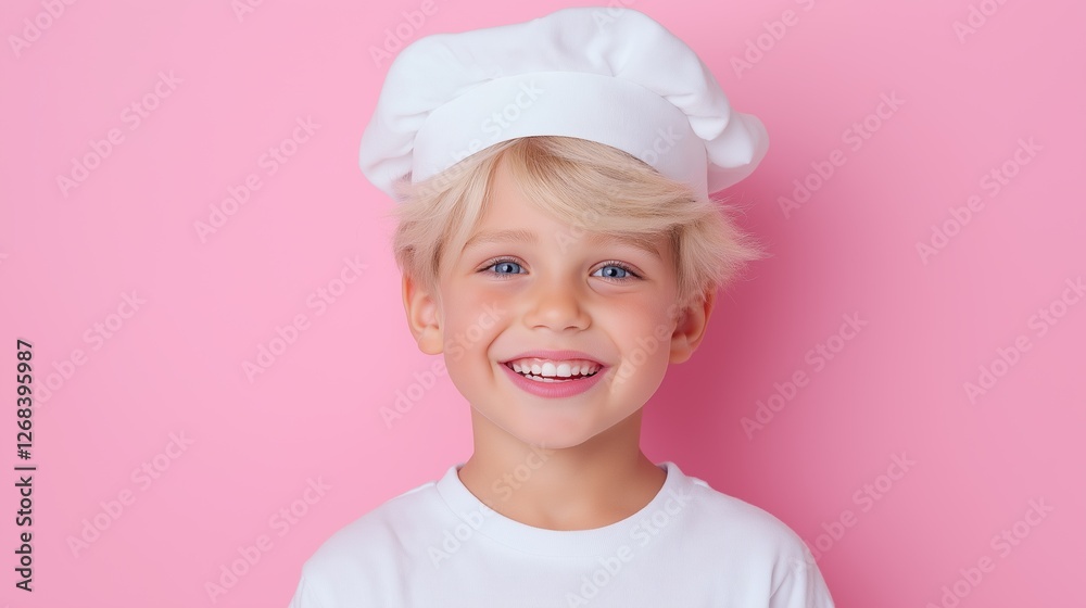 Smiling child in chef hat against pink background Smiling child in chef hat against pink background