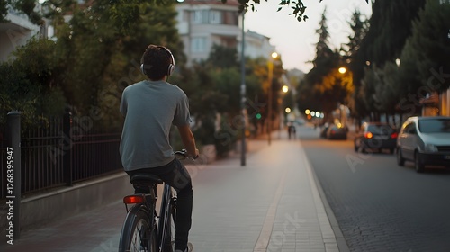 Wallpaper Mural A young man riding a bicycle on an empty street in Istanbul, wearing headphones, Generative AI Torontodigital.ca