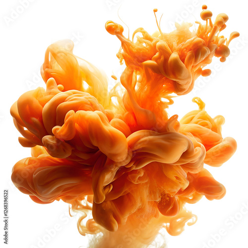Abstract swirls of orange ink dispersing in water, creating fluid cloud-like formations with intricate patterns, isolated on a Transparent background.