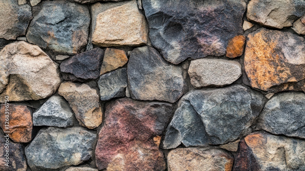 A close-up of an old, weathered stone wall with various colors and shapes of rocks. The texture is rough and uneven, creating contrast between the dark gray color of one rock and another that has red A close-up of an old, weathered stone wall with various colors and shapes of rocks. The texture is rough and uneven, creating contrast between the dark gray color of one rock and another that has red