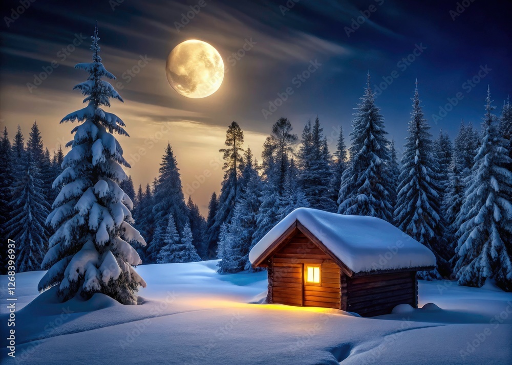 Fototapeta premium Snowy forest backdrop, a lone cabin's dark silhouette at night.