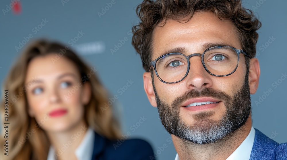 Close-up Portrait of a Stylish Man in Glasses with a Woman in Background at a Business Event Close-up Portrait of a Stylish Man in Glasses with a Woman in Background at a Business Event