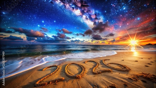 Starry 2026 sky blankets ephemeral beach sand art; a celestial summer night captured.
