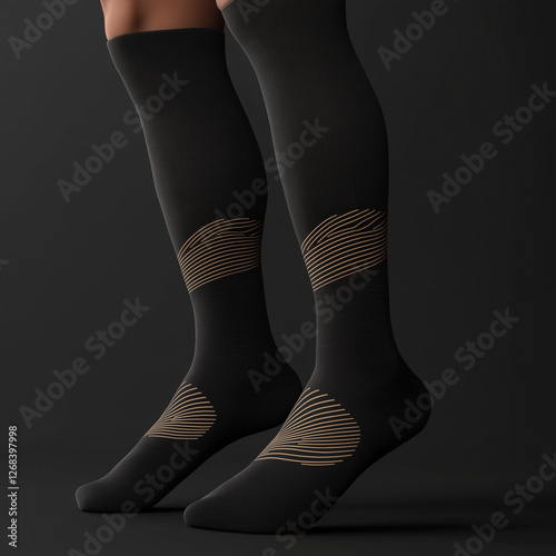 Black compression socks in vintage poster style, featuring dark tones and offering a stylish retro fashion vibe photo
