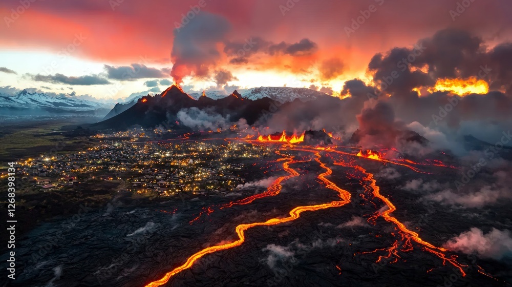 Fototapeta premium Fiery Volcanic Eruption Lava Flow Sunset Mountain Landscape