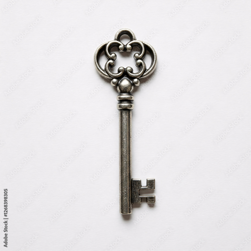 Old key on white background. Conceptual image of security and protection  front view