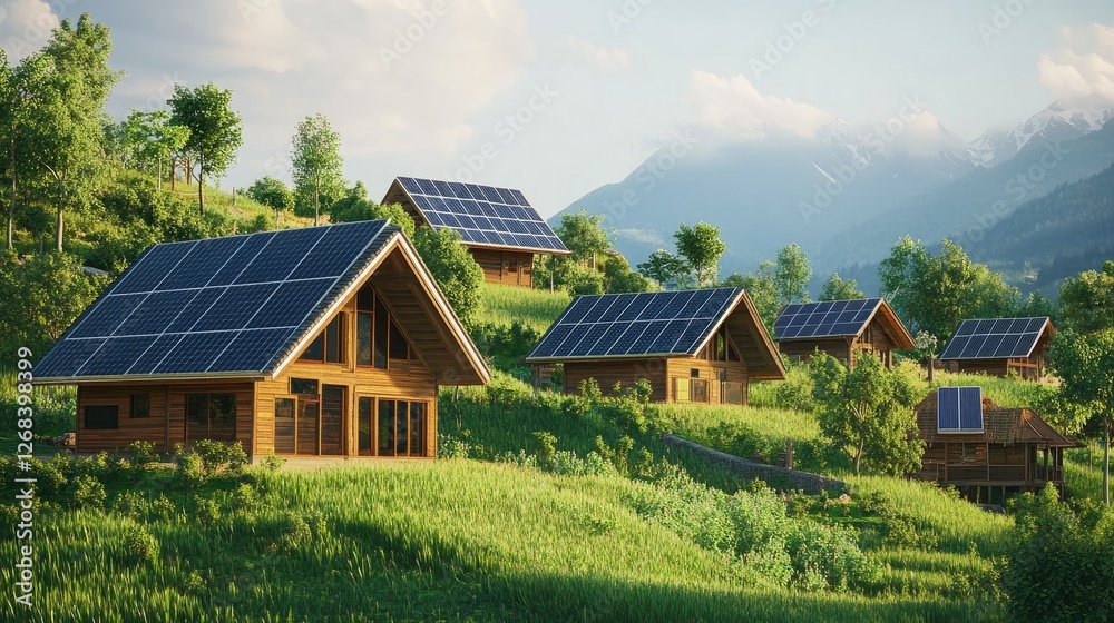 Solar panels in a rural setting, farmhouses in the background, sustainable agriculture concept. Solar panels in a rural setting, farmhouses in the background, sustainable agriculture concept.