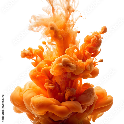 Abstract swirls of orange ink dispersing in water, creating fluid cloud-like formations with intricate patterns, isolated on a Transparent background.