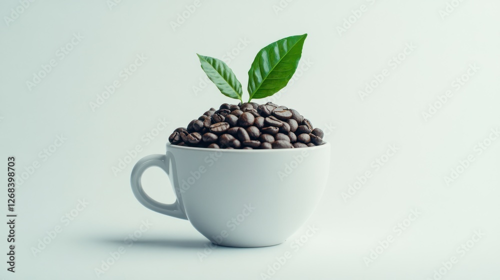 Coffee beans sprout, cup, white background, growth Coffee beans sprout, cup, white background, growth