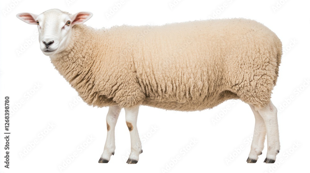 Fluffy sheep standing, white background, farm animal Fluffy sheep standing, white background, farm animal