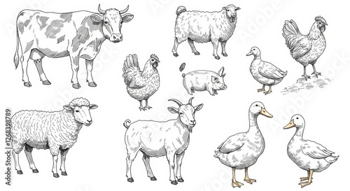 Illustrations of Farm Animals Including Cows, Sheep, Chickens, and Ducks