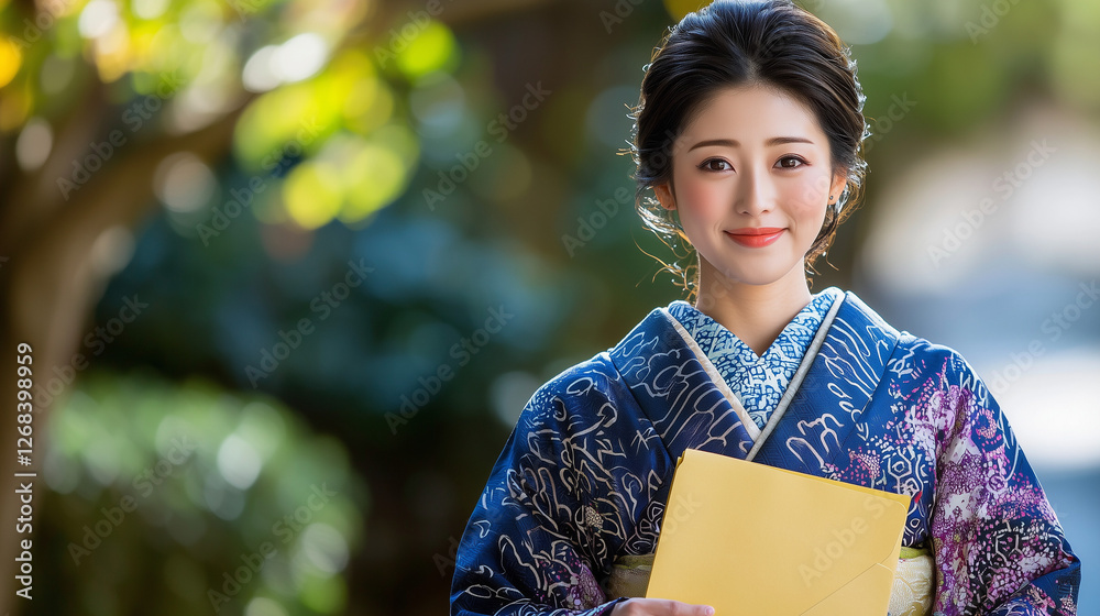 Elegant Japanese Woman in Traditional Kimono Holding a Letter in a Serene Garden Setting