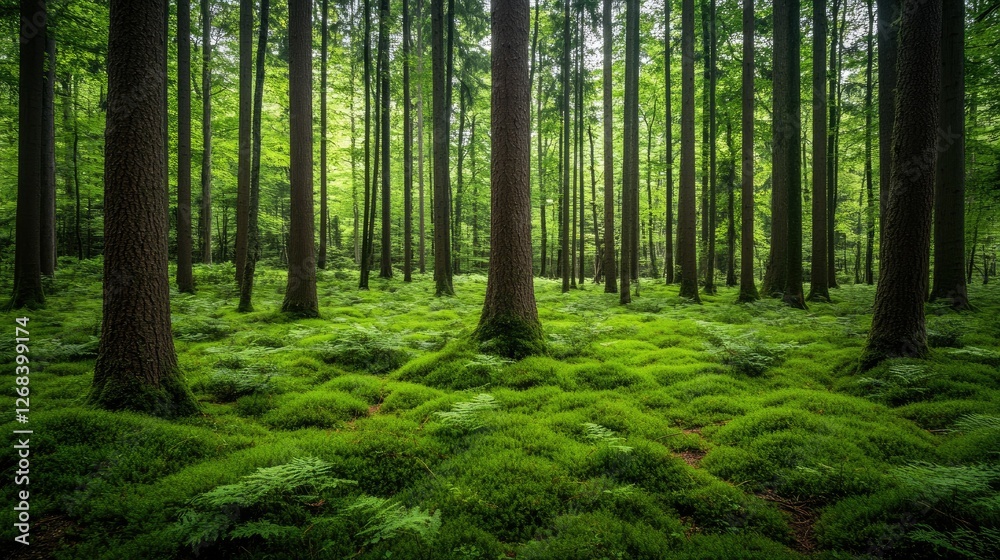 Fototapeta premium Thick forest floor covered in moss and ferns, towering trees creating a serene atmosphere.