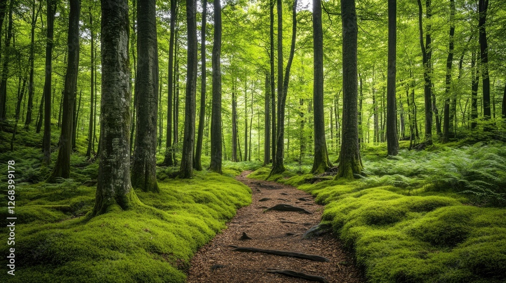 Thick forest floor covered in moss and ferns, towering trees creating a serene atmosphere. Thick forest floor covered in moss and ferns, towering trees creating a serene atmosphere.