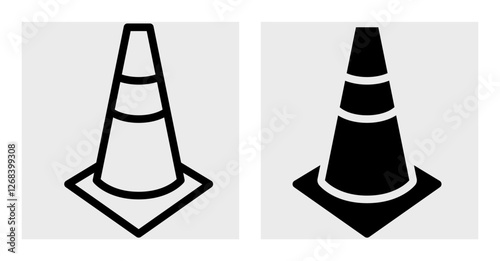 A high-contrast black-and-white icon of a traffic cone, symbolizing safety and construction zones. Provided in outline and solid styles, ideal for signage, infographics, and road safety-related design