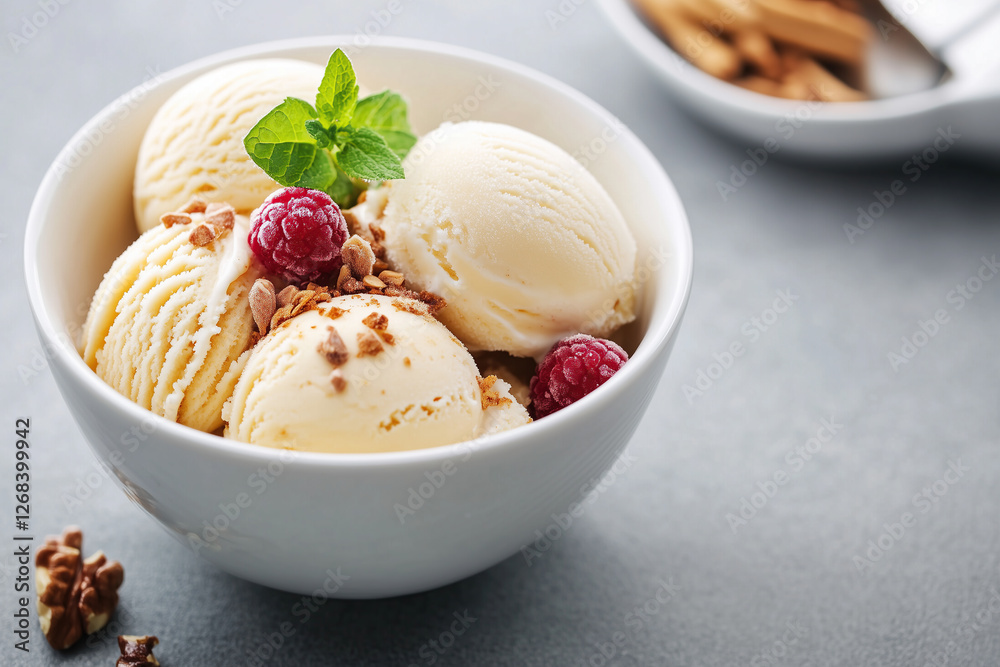 Vanilla ice cream scoops with raspberries and nut topping.
Vanilla ice cream scoops with raspberries and nut topping.