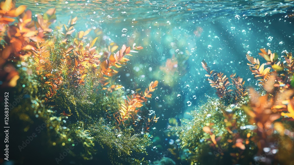 Fototapeta premium Underwater view of aquatic plants and rising air bubbles
