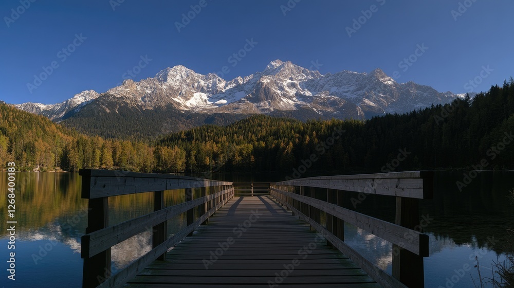 Wooden pier leading into Lake Eibsee with a panoramic view of Zugspitze mountain on a sunny day.