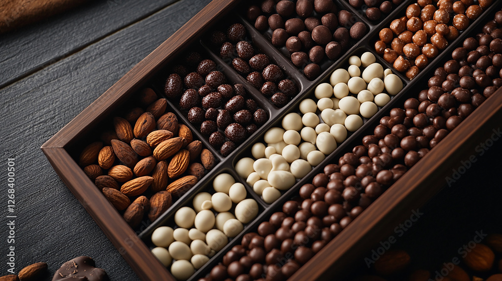 A luxurious gift box of assorted chocolate-covered nuts A luxurious gift box of assorted chocolate-covered nuts